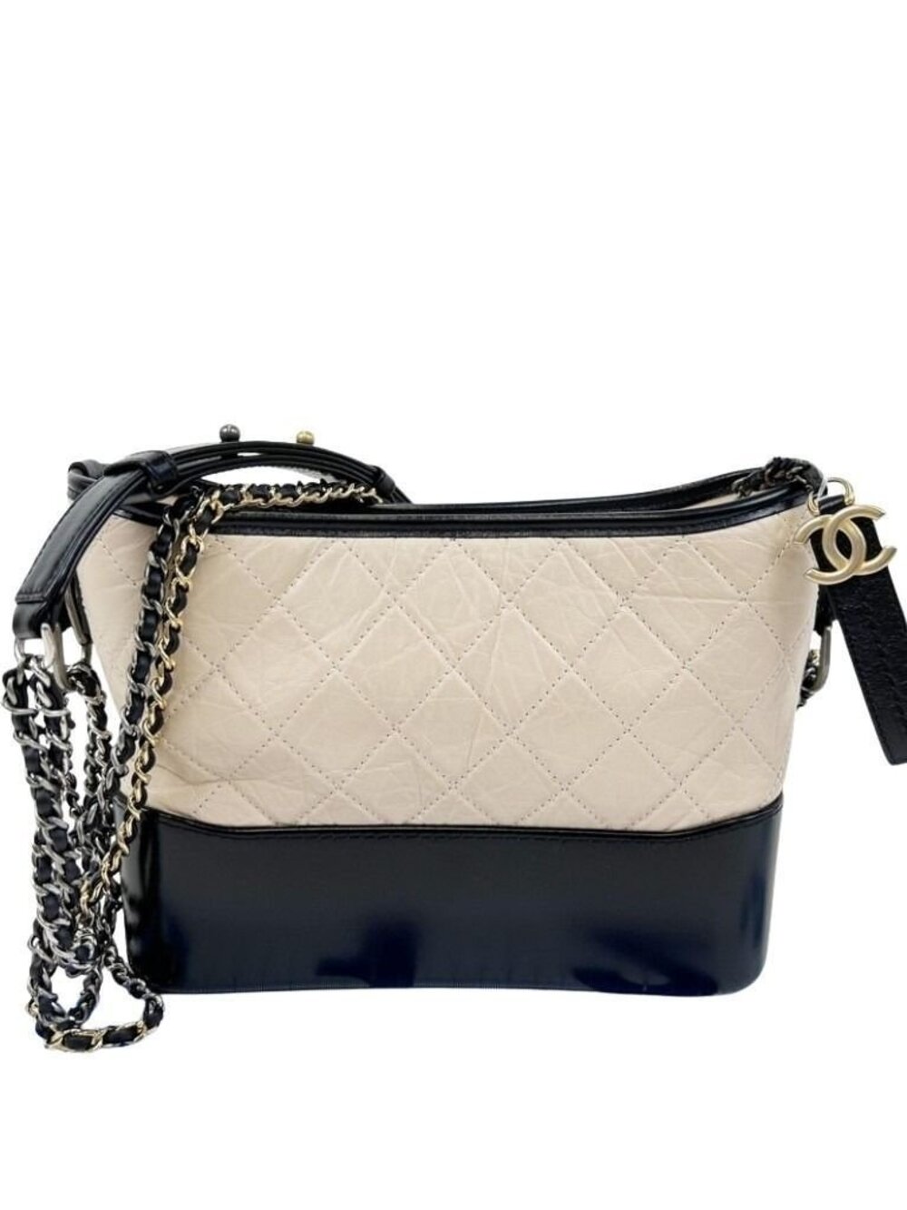 Chanel Shoulder Bag Gabrielle Beige Black Calfskin Leather CC Logo 2-Way Chain